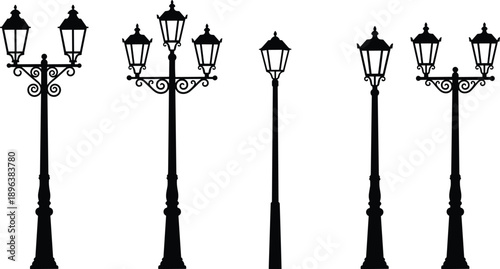 Ornate vintage street lamp silhouettes set, classic urban lantern posts and decorative outdoor lighting vector illustration collection