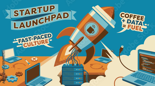 Retro illustration showing a coffee cup rocket taking off from a data server stack surrounded by laptops, concept for startup launchpad, fast-paced culture and rapid technological innovation