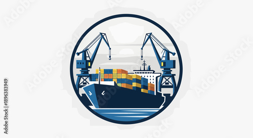 Cargo Ship with Cranes in Port Circle Logo.