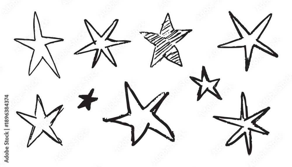 Fototapeta premium Hand drawn doodle stars collection in black ink sketch style for celestial night sky decoration