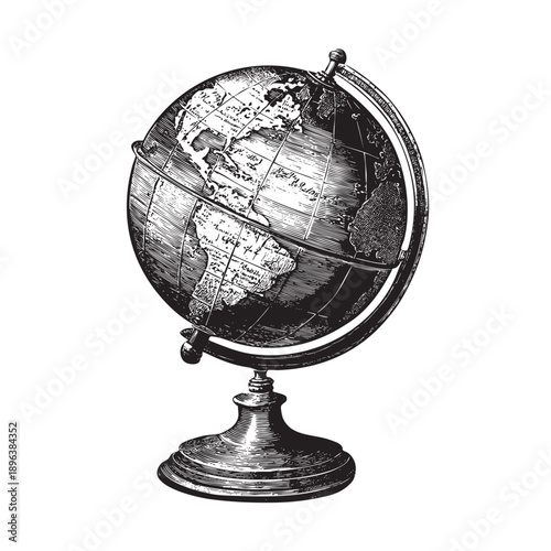 Engraving style world globe illustration isolated on transparent background for education design
