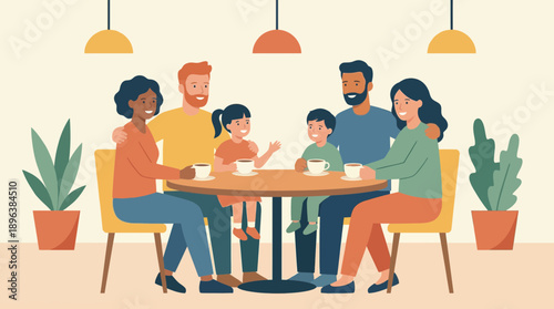 Diverse families with young children sitting at a cafe table enjoying coffee and conversation, concept for family communication, social relationship development and cafe promotions