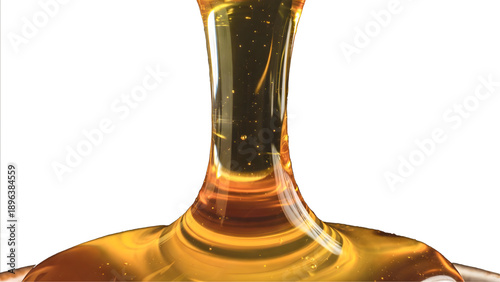 Golden honey or syrup pour forming hourglass-shaped glossy stream with bubbles, thick viscous liquid overlay for food photography and premium product branding
