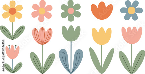 Collection of simple flat floral elements with pastel spring flowers and cute botanical leaves in scandi boho style isolated on white background