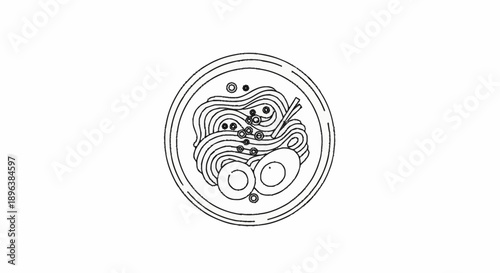 Minimalist line art of a bowl of ramen noodles with eggs.