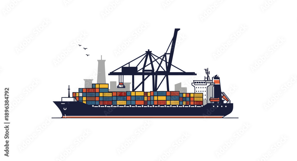 Fototapeta premium Container Ship Loaded with Cargo and Cranes at Port.