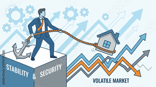 Financial executive secures real estate investment using an anchor on a stability block against a volatile market background, concept for risk management, investment strategy and economic security