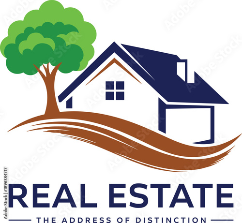 Professional real estate logo featuring modern house, tree and landscape design suitable for property business, realty agency, housing development and construction company branding
