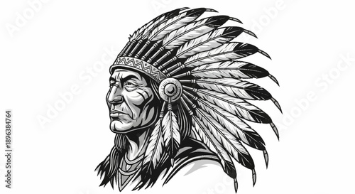 Native American Chief Headdress Portrait Illustration.