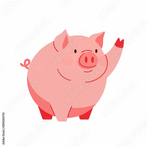Cute pink pig waving hello with a friendly smile.