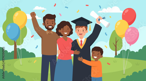 Diverse family celebrates graduate's success outdoors, confetti and balloons highlight the joyful achievement, concept for educational promotion, family support and academic milestones