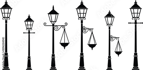 Vintage street lamp silhouettes with hanging flower baskets, classic decorative urban lantern posts outdoor lighting vector illustration set