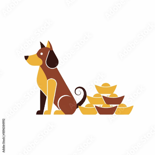Stylized dog sitting next to a pile of gold ingots.