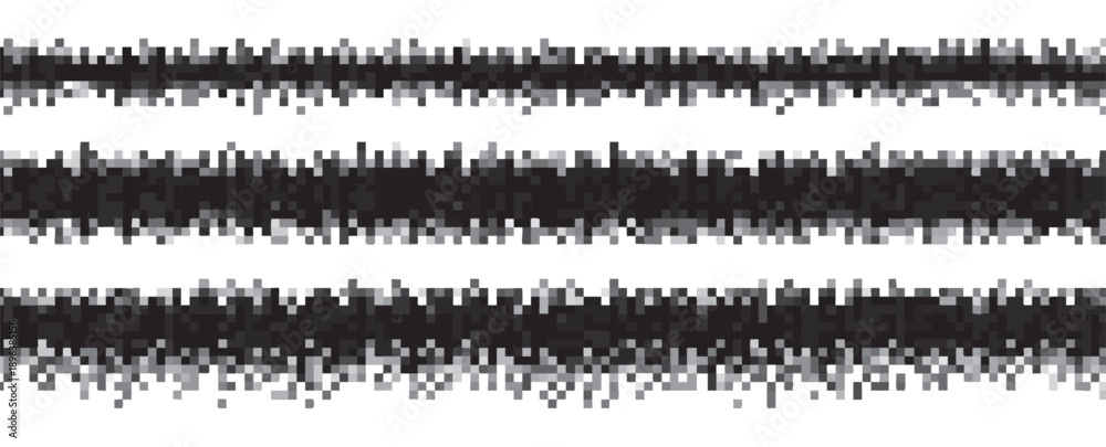 Obraz premium Abstract horizontal glitch lines set with black pixelated patterns on a transparent background
