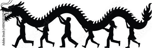 Silhouette of Chinese dragon dance parade representing tradition culture festival teamwork celebration mythology folklore lunar new year heritage art performance