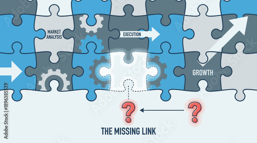 Strategy puzzle diagram illustrating market analysis, execution and growth stages with a central critical missing link, concept for business planning, problem solving and corporate presentations