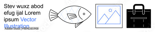 Graphic design, branding, office , nature concepts, portfolio presentation, image gallery. Minimalist fish, photo frame and briefcase icons. Nature and office themes