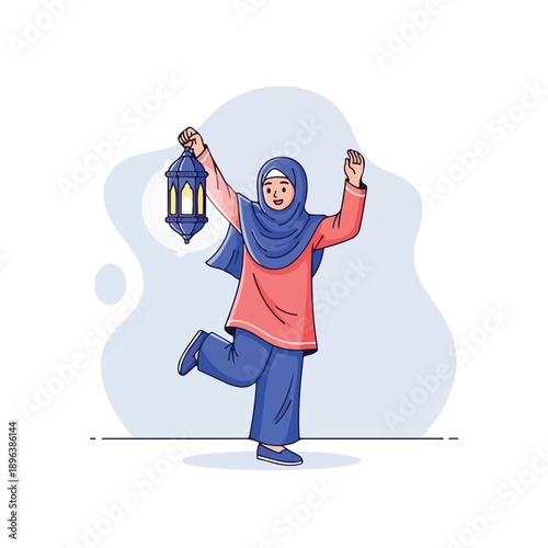 Woman in hijab holding lantern and celebrating