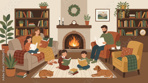 Family reading together by a cozy fireplace in a living room full of bookshelves and houseplants, concept for quality leisure time, home learning and peaceful relaxation