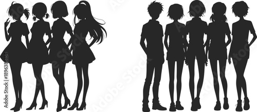 Male and female silhouette group, fashion and casual pose, black vector illustration, gender contrast design for character, social, and visual media