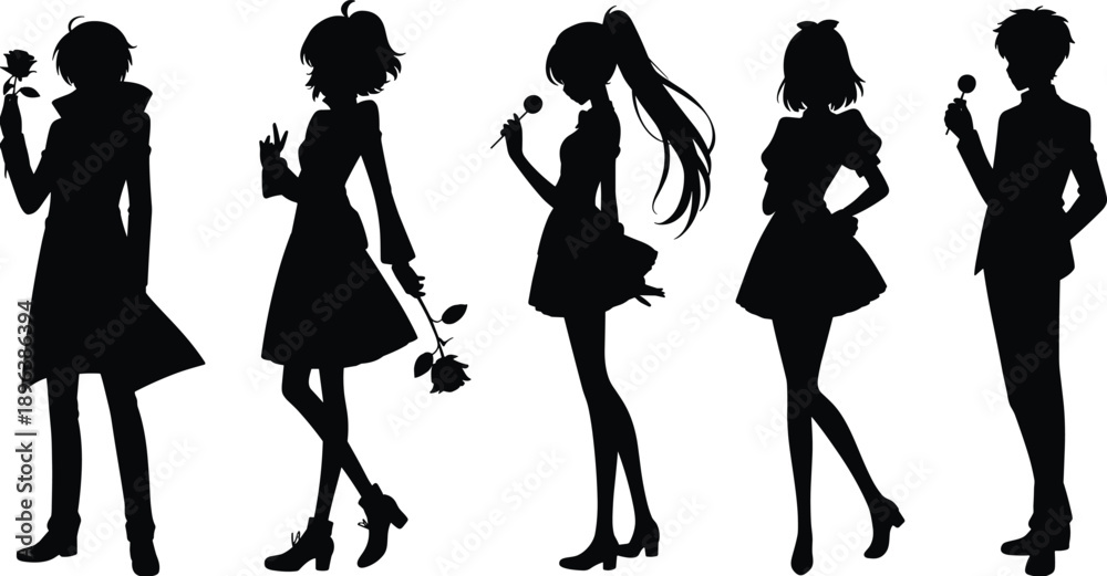 Obraz premium Set of five anime manga character silhouettes collection, boys and girls holding roses, black vector illustration isolated on white background for design.