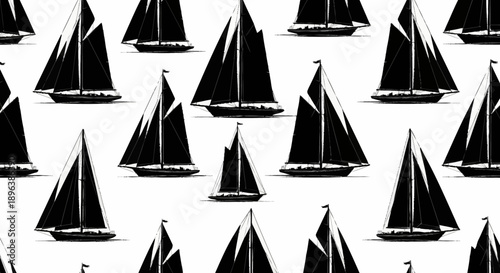 Seamless pattern of black sailboats on a white background.