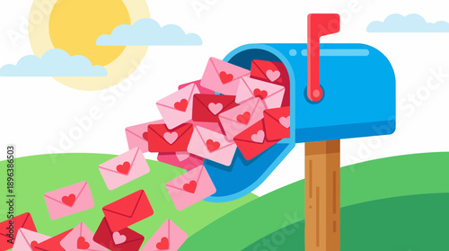 Blue mailbox overflowing with pink and red heart envelopes on green grass under the sunny sky, concept for Valentine's promotions, romantic greeting cards and digital communication design