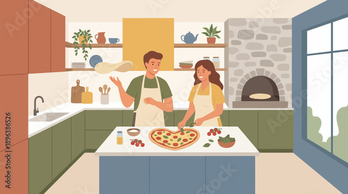 Happy couple preparing heart-shaped pizza together in a cozy, modern kitchen with a stone oven, concept for family recipes, cooking class advertisement and romantic date night blog posts