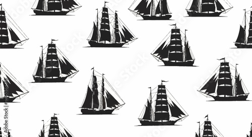 Seamless pattern of vintage sailing ships in black silhouette.