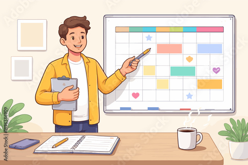 Male educator planning schedule on whiteboard in office setting