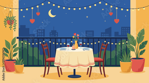 Flat vector romantic dinner setup on a city balcony at night, featuring lights, cityscape view and table for two, concept for dating apps, Valentine's Day marketing and restaurant promotions