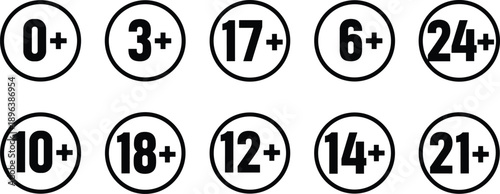 Age rating icon set with 0 plus 3 plus 6 plus 12 plus 18 plus and restriction symbols in vector style