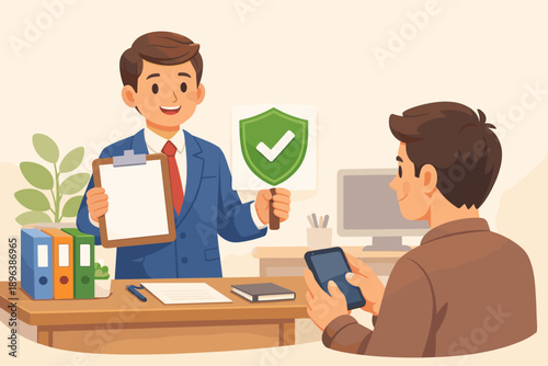 Young caucasian male insurance agent presenting policy to client in office setting