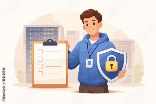 Young caucasian male cybersecurity professional with shield and checklist