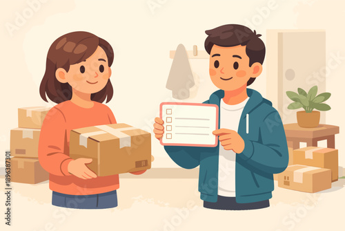 Young hispanic adults checking delivery boxes in cozy home setting