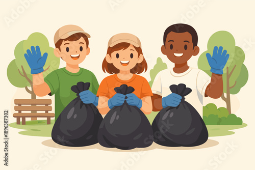 Diverse group of teens collecting garbage in park for community cleanup