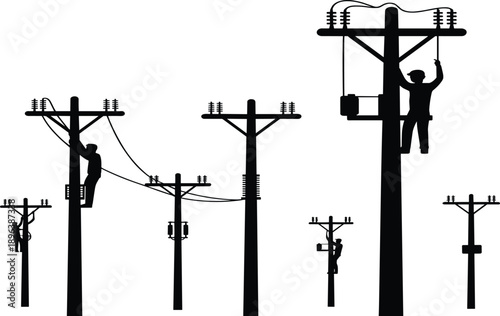 Assortment of silhouette utility poles with transformers and linemen working on a white background Keywords: electricity, power line, utility pole, lineman, electrician, transformer