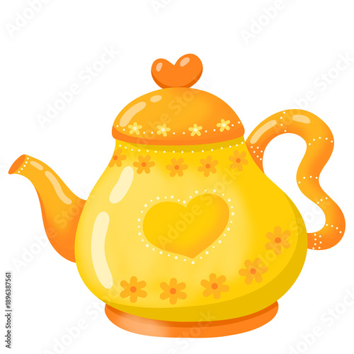 Cute Yellow Teapot with Heart Design – Whimsical Cartoon Illustration