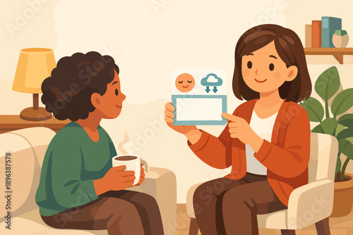 Young caucasian female therapist with african child discussing emotions in cozy therapy setting