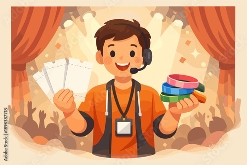 Young caucasian male event coordinator distributing tickets and wristbands at concert