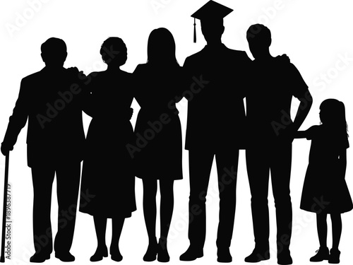 Silhouette of happy multi generation family with graduate celebrating education success future achievement learning support togetherness