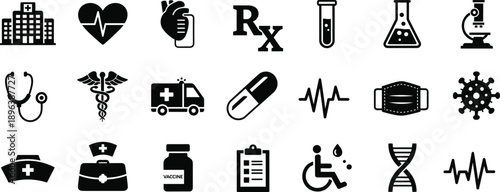 Medical and healthcare icon set including hospital, pharmacy and treatment symbols ideal for health apps, medical websites, infographics and professional healthcare design

