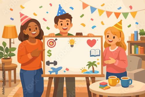 Diverse young adults celebrating a brainstorming session with party elements