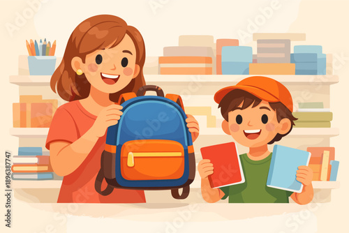 Caucasian female adult and young male shopping for school supplies in store