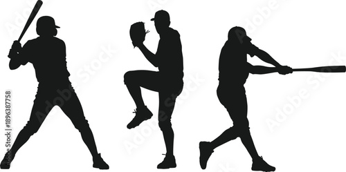 Baseball Player Silhouettes Pitcher Batter in Dynamic Poses on White Background Keywords: baseball, player, silhouette, pitcher, batter, sport, action, game, athletic, male, uniform, cap