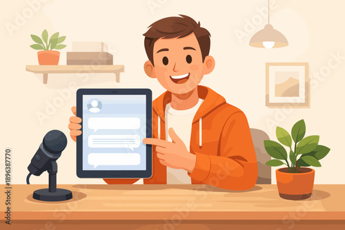 Caucasian young male podcaster displaying tablet with chat messages in studio