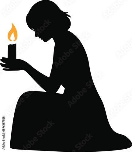 Silhouette of kneeling person holding lit candle, symbolizing reflection, remembrance, mourning, spirituality, meditation, and solemn emotional themes in black design.
