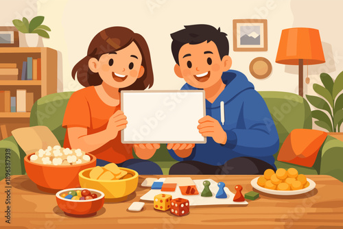 Happy young caucasian couple enjoying board game night in cozy living room