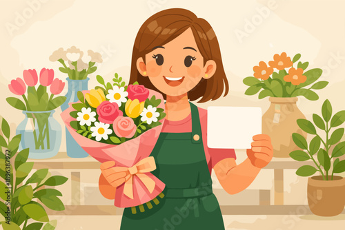 Young caucasian female florist with bouquet and note in charming flower shop