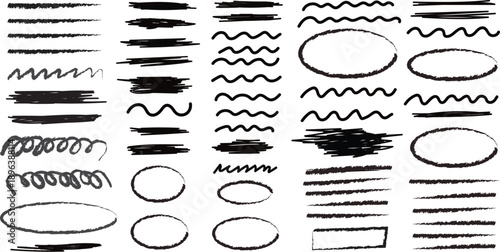 Colorful brush strokes and crayon pencil marks with chalk texture - wavy line patterns, underline elements, circular frames and rectangular borders. Hand drawn vibrant playful creative emphasis.